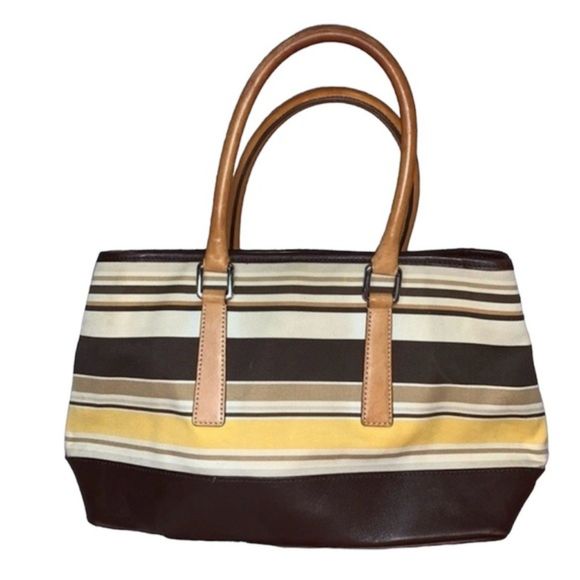 Vintage Rare Coach Leather Canvas Striped Brown Yellow & Tan Satchel Bag - Picture 2 of 14